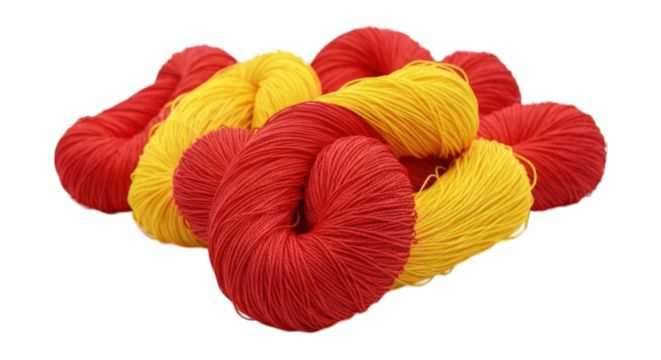 A cluster of vibrant red and yellow yarn balls