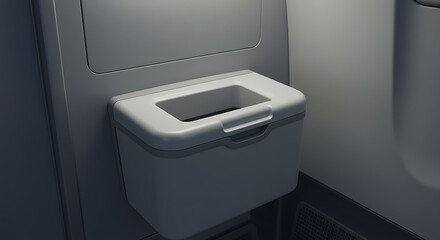 White waste bin in an airplane cabin. Close-up of an aircraft trash receptacle mounted on the interior wall for in-flight garbage disposal.