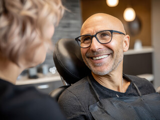 Smiling man with glasses sitting in dentist chair, engaging in conversation with dental professional in modern clinic interior, warm lighting and friendly atmosphere.