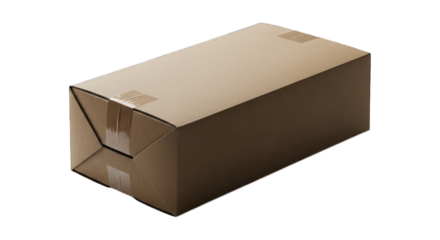 A light brownish-tan cardboard box, rectangular, lies flat.  Taped edges are visible