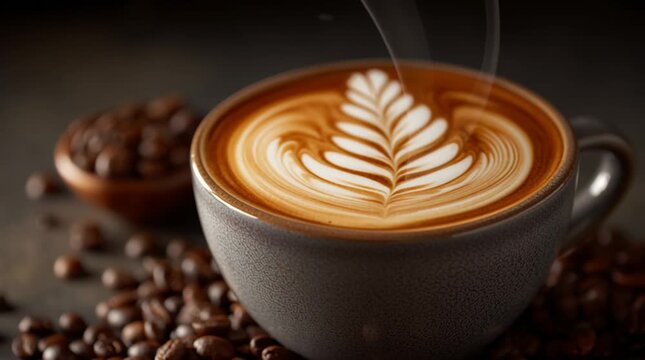 Close up of a latte with latte art surrounded by coffee beans in a gray ceramic mug with steam