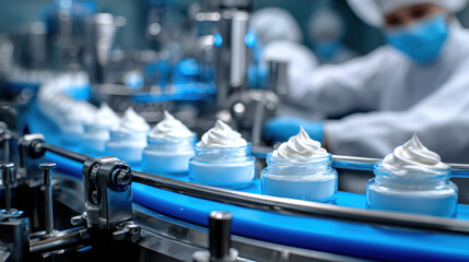 Whipped cream jars on conveyor belt in factory with workers wearing masks and gloves preparing cosmetic products in a clean and organized environment.