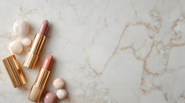 un dise&ntilde;o de belleza femenina para publicidad o mercadotecnia de productos cosmeticos labiales sobre un fondo de marmol con espacio de copia 