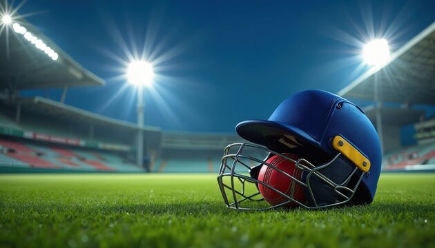 Close-up of blue cricket helmet and red ball on lush green field. Stadium lights illuminate night sky. Focus on sports equipment, anticipation of match, cricket game atmosphere.