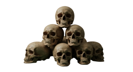 A pyramid of skulls against a black background.  Stacked human skulls arranged in a triangular pyramid shape, with a slightly muted light beige tone