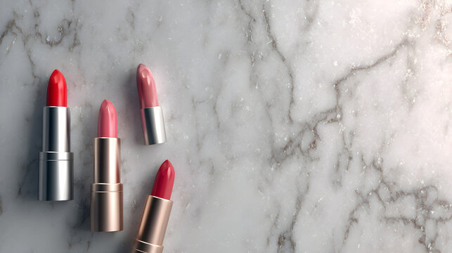 un dise&ntilde;o para publicidad o plantilla con espacio de copia con textura de marmol y labiales en tonos rosas para a belleza femenina 
