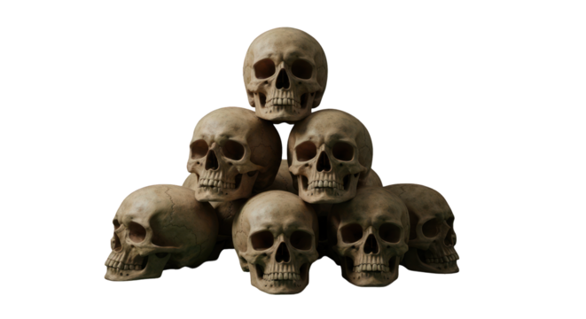 A pyramid of skulls against a black background.  Stacked human skulls arranged in a triangular pyramid shape, with a slightly muted light beige tone