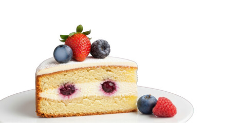 A slice of light-yellow cake, topped with a dusting of powdered sugar and adorned with fresh berries.  The cake's interior shows a creamy filling, speckled with dark fruit