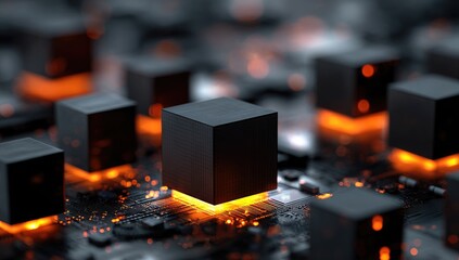 Glowing orange light illuminates matte black cubes arranged on a complex dark circuit board; a dense field of similar cubes extends into the background, suggesting a network or system