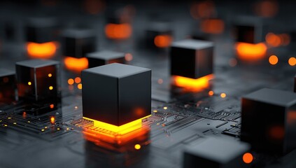 Glowing orange lights illuminate black cubes positioned on a dark, intricate circuit board, creating a futuristic, technological aesthetic