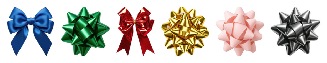 Gift bows set including blue satin ribbon bow, green, red, gold, pink, and silver metallic star bows isolated. Festive wrapping and celebration elements.