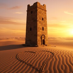 Stone tower in desert landscape at sunset
