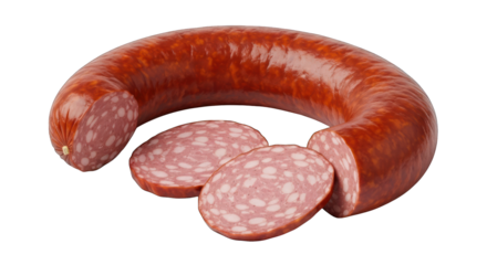 A whole, ring-shaped sausage, with two slices cut from it. The sausage is reddish-brown, glossy, and appears to have a speckled inner texture. The slices are light pink with similar speckles