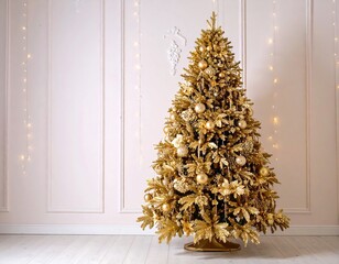 Gold Christmas tree in a light beige room