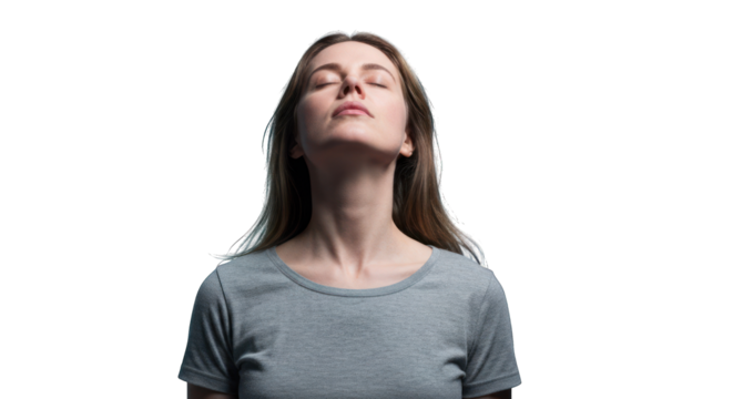 A woman with closed eyes, head tilted back, exhibiting a peaceful or contemplative expression. She wears a gray t-shirt against a black background