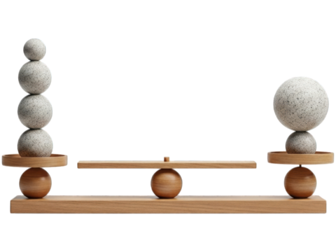 A wooden seesaw with stacked spheres.  Light gray spheres stacked vertically on one side, a single sphere on the other.  The seesaw is balanced.  Wooden platforms support the spheres