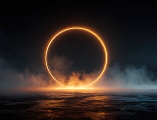 Glowing orange neon ring encircled by smoky, dark ground reflection, set against a black background.  The ring appears to hover above a low-lying fog or mist