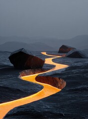 Glowing orange liquid meanders through a dark, rocky landscape, forming a winding path between large, dark boulders under a muted sky