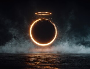 Glowing orange ring and halo hover above a smoky, dark floor, creating a mystical, otherworldly scene with subtle reflections