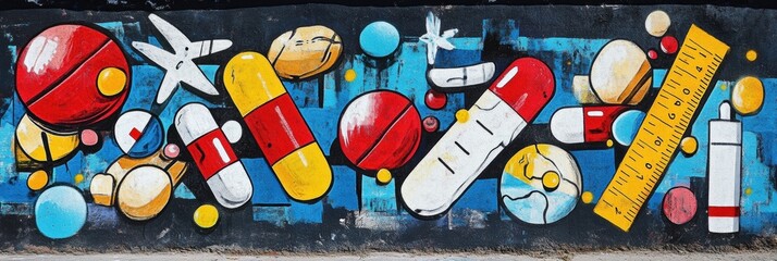 Colorful mural depicting pills and capsules on a wall in an urban area during daylight
