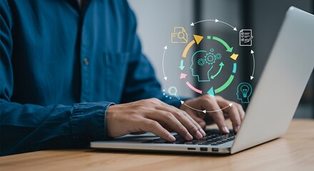 Man working with automation diagram, process optimization for greater efficiency, new project development strategy