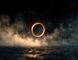 Glowing orange ring floats amidst swirling smoke and sparks on a dark, textured ground, creating a mystical and ethereal scene