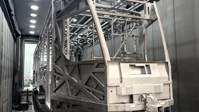 Spray paint shop for tram carriages. Train Paint Booth Painting Chamber For Railway Carriage. Railway Paint Both. Inside of rail car assembly plant, paint shop. Tram workshop production. 
