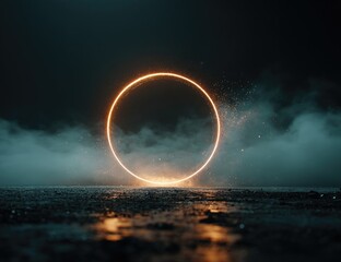 Glowing orange ring hovers above a dark, smoky ground, illuminated by subtle light reflecting on a wet surface; sparks subtly dance around the ring