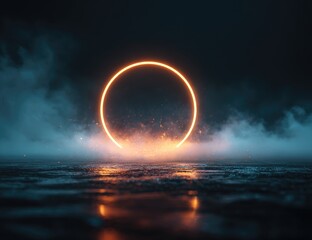 Glowing orange ring hovers above a dark, smoky ground, reflecting in a wet surface, creating a futuristic, mystical atmosphere.  Sparks and embers surround its base