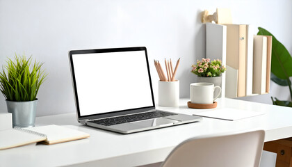 Fototapeta premium Clean Minimalist Workspace with Laptop.