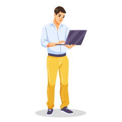 Man in yellow pants and blue shirt using a laptop while standing, flat graphic style on white background. Concept of work or communication. Vector illustration