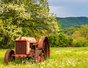 Rusty tractor in a spring meadow