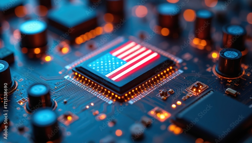 Aufkleber close-up of us flag microchip centered on illuminated circuit board. american semiconductor innovati