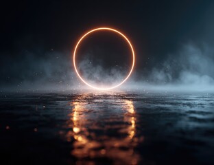 Glowing orange ring-shaped neon light hovers above a dark, smoky, reflective surface, creating a futuristic, ethereal scene