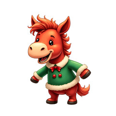 Cartoon baby horse dressed in festive green Christmas outfit with bow - isolated, transparent background 
