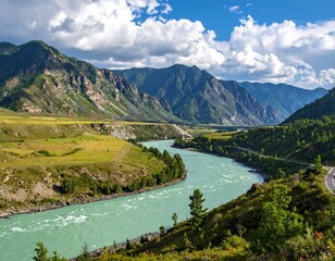 Mountainous River Valley Under a Cloudy Sky