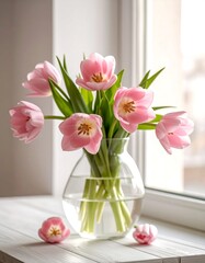 Pink tulips in a glass vase by a window