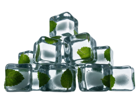 Clear ice cubes, stacked in a pyramid shape, each cube holding a fresh mint leaf
