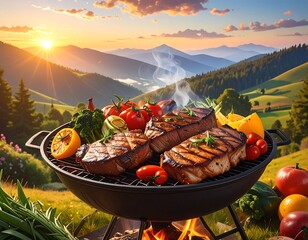 Mountaintop Grill Feast Under a Golden Sunset