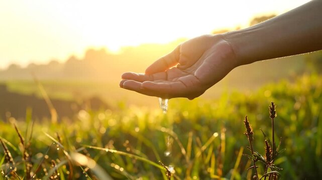 A Gentle Moment: Hand Catching Water Droplets Amidst a Green Landscape at Sunrise