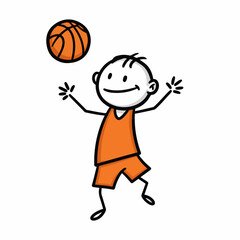 A simple cartoon drawing of a stick figure boy in an orange basketball uniform playing with a basketball.