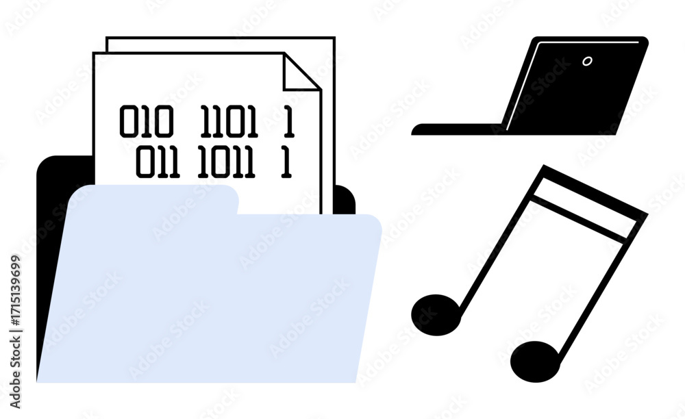 Poster folder with binary data signifies digital files, laptop suggests technology and work, musical notes 