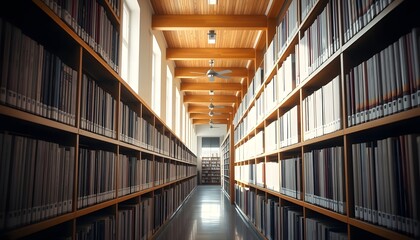 Fototapeta premium Rows of old books fill wooden shelves in a classic library, evoking a sense of deep knowledge and quiet study