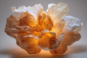 Glowing, translucent paper flower with delicate, crinkled petals, illuminated from within, exhibiting warm, amber and white hues against a neutral backdrop