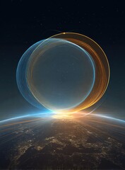 Glowing, translucent teal and amber rings orbit above a sunlit Earth, set against a dark, starry backdrop.  The rings intersect, creating a luminous halo effect