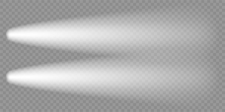 Lighthouse camera light, Car headlight top view. Motorcycle front flashlight flare, png overlay. White beacon beam effect, vector. Night street vehicle led spots isolated. Speed fog road truck aerial