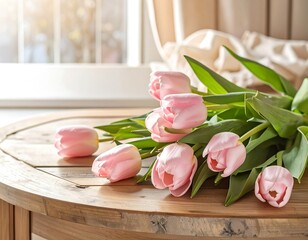 Pink tulips on a wooden table