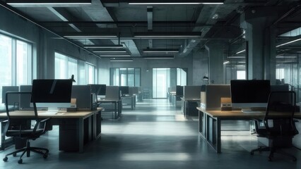 Fototapeta premium Modern Office Interior: Minimalist Design, Concrete, Dramatic Lighting, Empty Desks.