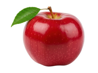 Close-up of a glossy red apple with a green leaf