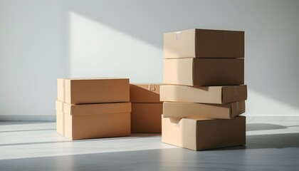 Stack of brown cardboard shipping boxes in a new home